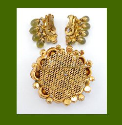 Austria Rhinestone and Glass Cabochon Earrings and Pin Back
