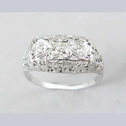 18k White Gold Filigree and 3 Diamond Ring Side