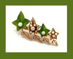 Victorian 14k Gold and Diamond Enamel Ivy Brooch Front