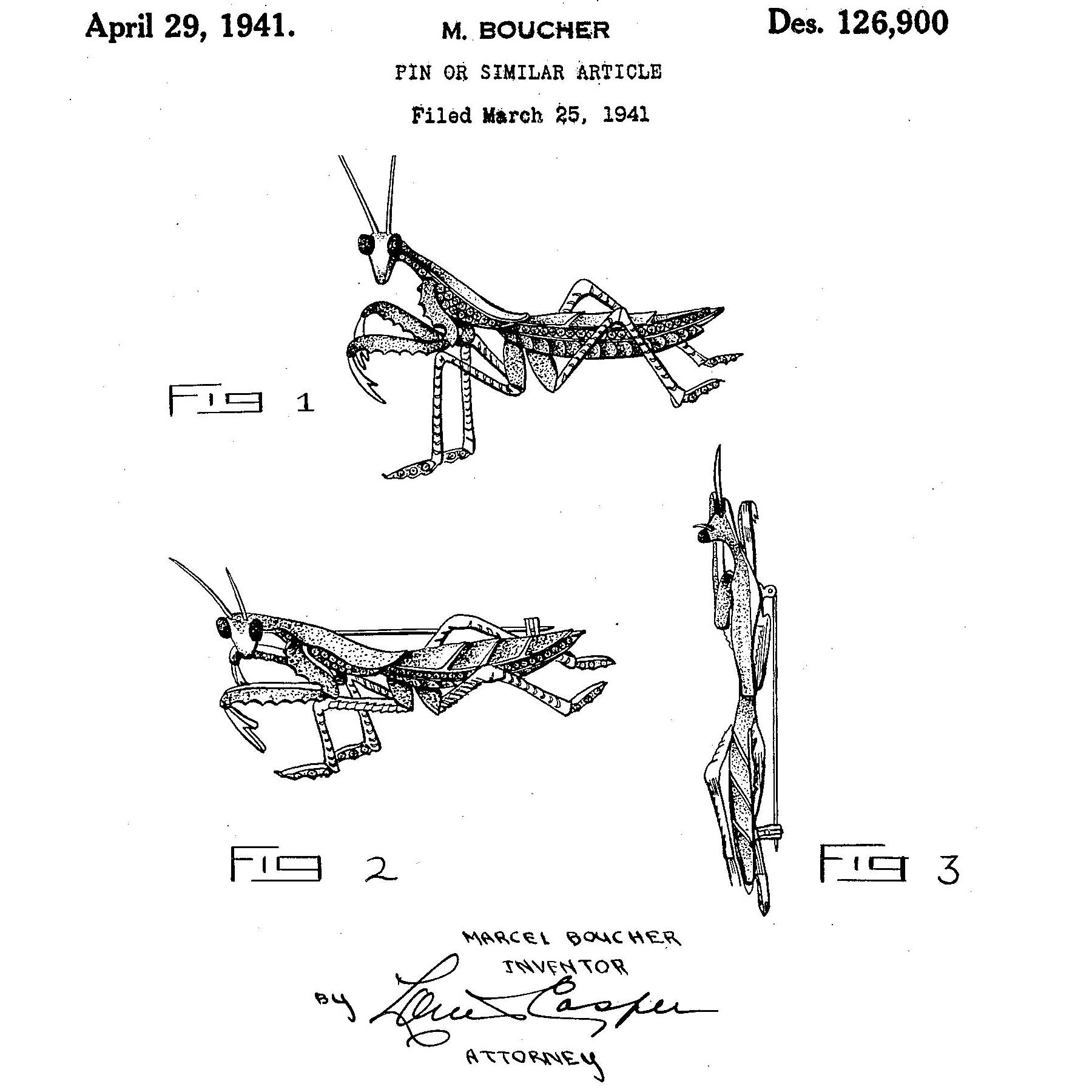 Boucher Pav&eacute; Rhinestone Praying Mantis Pin Patent