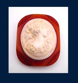 Carmel Colored Bakelite & Celluloid Cameo Brooch