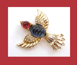 Ruby Red and Sapphire Blue Cabochon Bird Pin Front