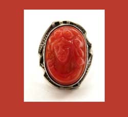 Coral Glass Cameo Sterling Ring Front
