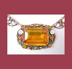 Filigree and Enamel Topaz Glass Necklace Close