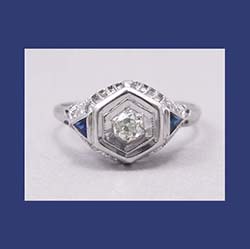 18k White Gold Filigree Diamond and Sapphire Ring Front