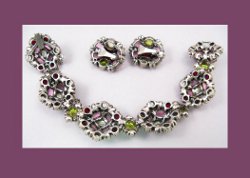 Hollycraft Olivine and Amethyst Rhinestone Bracelet and Earrings Back
