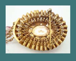 Lace Brass, Glass Amethyst Briolettes, and Rhinestone Brooch Back