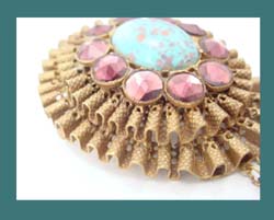 Lace Brass, Glass Amethyst Briolettes, and Rhinestone Brooch Side