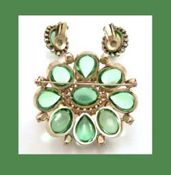 Schreiner (unsigned) Peridot Glass Cabochon Pin and Earrings Back