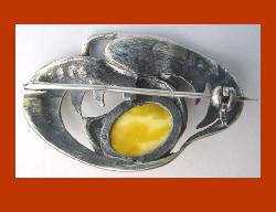 Silver Swan & Amber Cabochon Pin Back